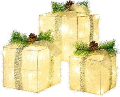Joiedomi Christmas Lighted Gift Boxes, Christmas Decorations Set of 3, Light up Present Boxes, 60 LED Warm White Lights for Indoor Holiday Décor, Christmas Eve Night Décor