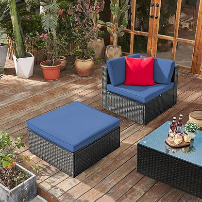 Greesum 3 Piece Patio Conversation Set Wicker Rattan Furniture Outdoor Sofa with Cushions,Pillows & Glass Table for Porch,Lawn and Yard, Dark Blue
