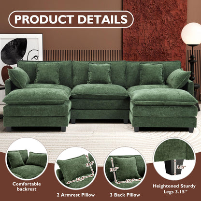 Ihanherry 111.4" L Shaped Modern Sofa Modular Sectional Cloud Couch with Ottoman, 4-Seat Chenille Deep Seat Sofa with Pillow for Living Room, Bedroom and Apartment, Beige