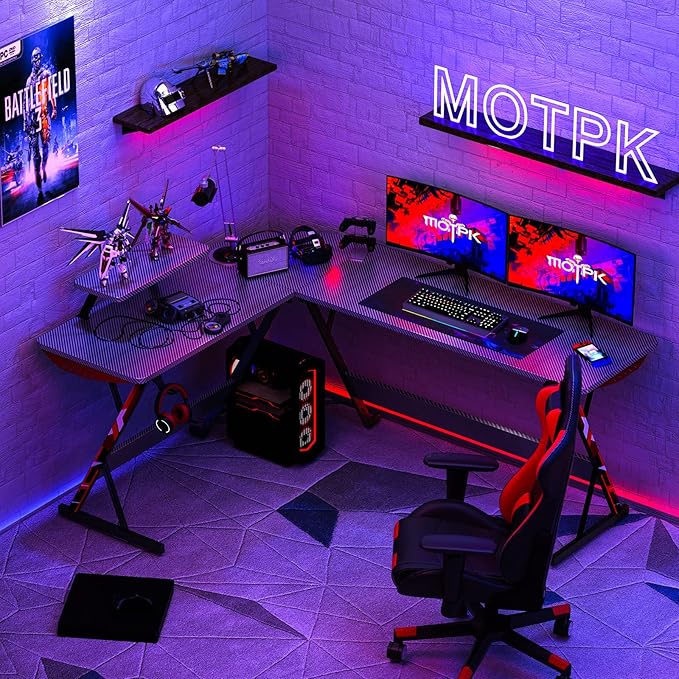 MOTPK L Shaped Gaming Desk 66 Inch, Gaming Computer Desk L Shape with Carbon Fiber Surface, Gamer Desk Gaming Table with Monitor Shelf, Cup Holder & Headphone Hook, Black