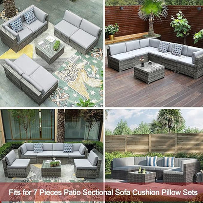 ClawsCover 14Pack Outdoor Patio Seat and Back Cushions Replacement Covers Fit for 7Pieces 6-Seater Wicker Rattan Sectional Couch Chair Furniture Set,Gray-Include Cover Only (Small)