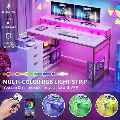 YITAHOME L Shaped Desk with Drawers, 55" Corner Computer Desk with Power Outlets & LED Lights, Large L-Shaped Office Desk with File Cabinet, White & Gold