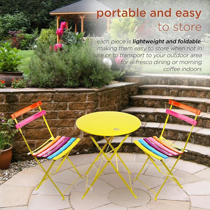 Alpine Corporation MSY114A Rainbow Metal Bistro Set w Two, Table: 24" L x 24" W x 28" H Chair: 16" L 18" W x 32" H