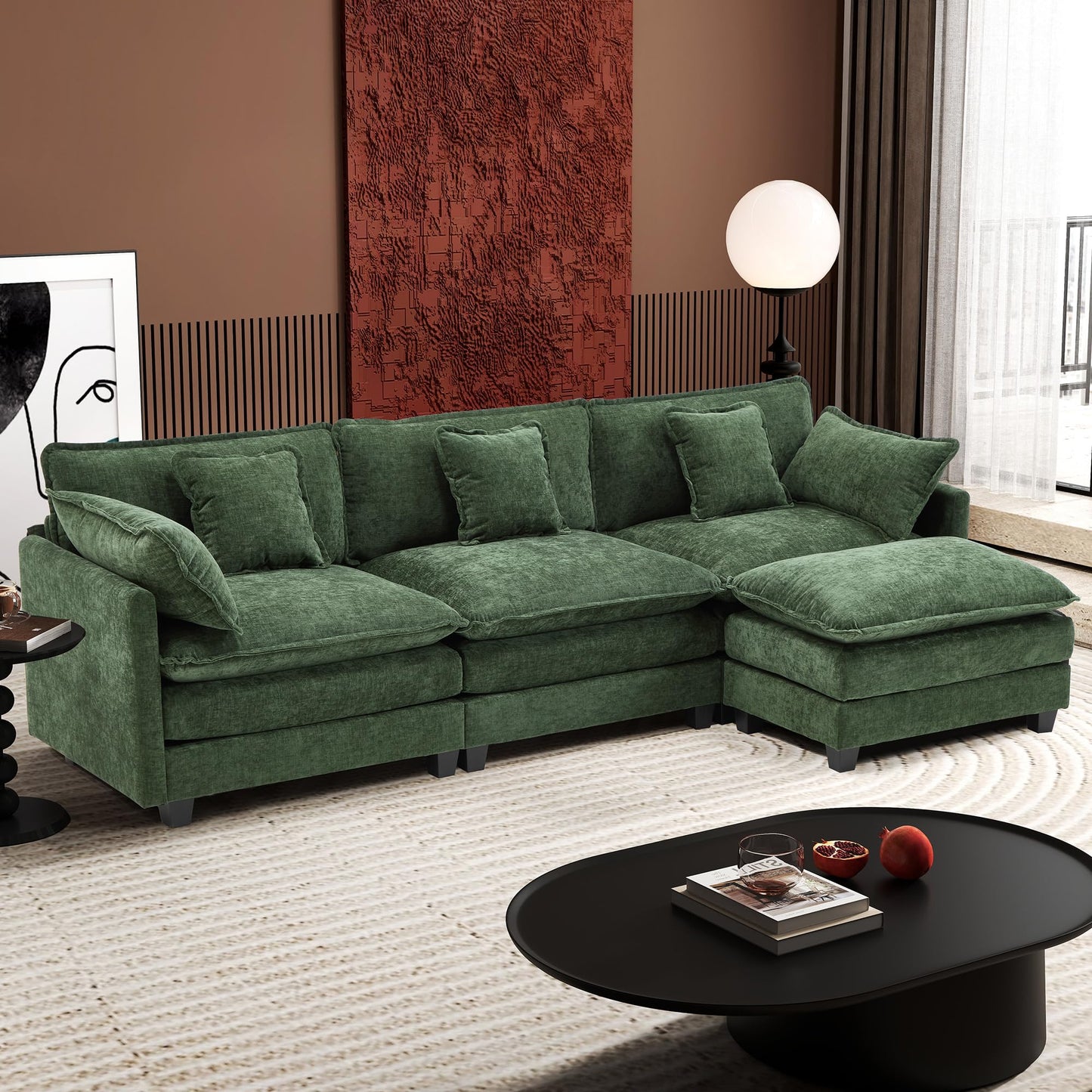 Ihanherry 111.4" L Shaped Modern Sofa Modular Sectional Cloud Couch with Ottoman, 4-Seat Chenille Deep Seat Sofa with Pillow for Living Room, Bedroom and Apartment, Beige