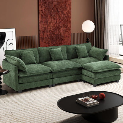 Ihanherry 111.4" L Shaped Modern Sofa Modular Sectional Cloud Couch with Ottoman, 4-Seat Chenille Deep Seat Sofa with Pillow for Living Room, Bedroom and Apartment, Beige
