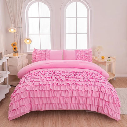 Girls Comforter Sets Full, Multi-Layers Ruffled Full Size Bedding Set for Girls, Pink Full size Comforter Set for Girls, 5 Pcs Bed in a Bag for Girls, Teen Comforter Set for Girls