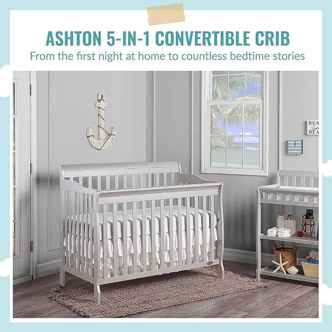 Ashton 4-In-1 Convertible Crib In Grey, Greenguard Gold, JPMA Certified, Non-Toxic Finishes, Features 4 Mattress Height Settings, Made Of Solid Pinewood