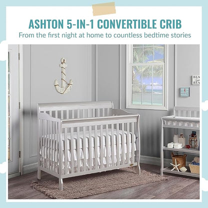 Ashton 4-In-1 Convertible Crib In Grey, Greenguard Gold, JPMA Certified, Non-Toxic Finishes, Features 4 Mattress Height Settings, Made Of Solid Pinewood