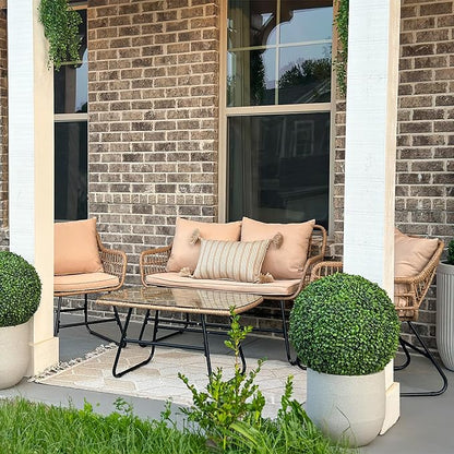YITAHOME Patio Furniture Wicker Outdoor Bistro Set, 4-Piece All Weather Patio Furniture Rattan Conversation Loveseat Sets for Backyard, Balcony and Deck, Light Brown+Beige