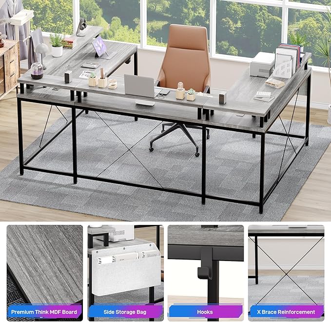 U Shaped Computer Gaming Desk, Reversible L Shaped Desk with Power Outlets, LED Strip & Monitor Stand, Large Corner Desk with Storage Shelves for Home Office, Grey Oak