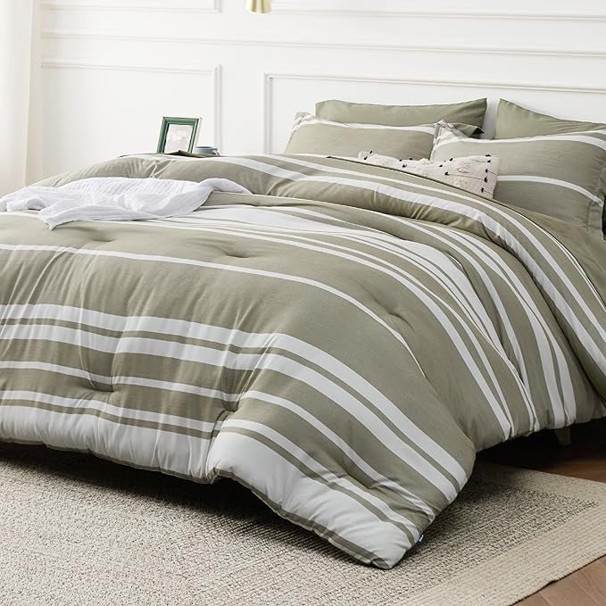 Bedsure Bed in a Bag Queen 7 Pieces, Olive Green White Striped Bedding Comforter Sets All Season Bed Set, 2 Pillow Shams, Flat Sheet, Fitted Sheet and 2 Pillowcases