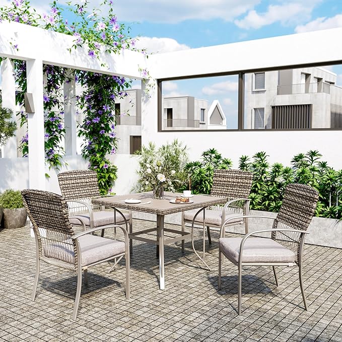 Pamapic Patio Table and Chairs Set, All-Weather Rattan Outdoor Table and Chairs with Removable Waterproof Cushions, Plastic-Wood Patio Dining Set for 4 with Umbrella Hole(Gray)