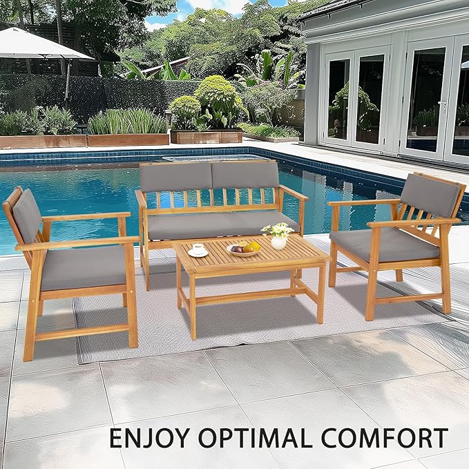 VINGLI Outdoor Patio Furniture, 4 Piece Acacia Wood Sofa Set w/Coffee Table, Patio Table and Chairs Set for Deck, Balcony, Backyard (Natural)