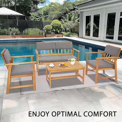 VINGLI Outdoor Patio Furniture, 4 Piece Acacia Wood Sofa Set w/Coffee Table, Patio Table and Chairs Set for Deck, Balcony, Backyard (Natural)