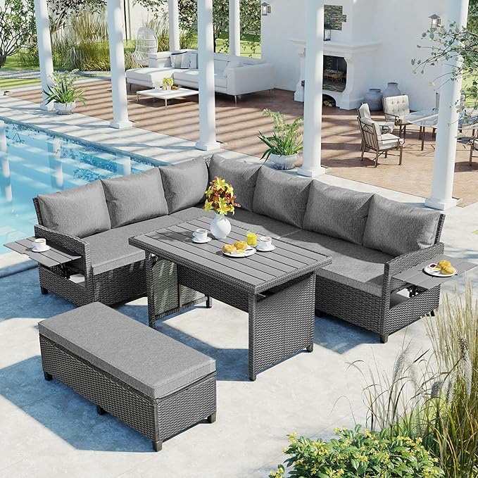 5-Piece Outdoor Patio Furniture Set with Dining Table&Bench, All-Weather PE Wicker Sofa w/2 Extendable SideTables&Cushions&Washable Covers, Rattan Conversation Couch for Backyard Yard, Gray
