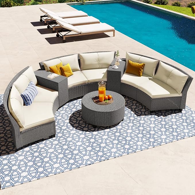 Merax Patio Furniture Sets for 6, Fan-Shaped All Weather Outdoor HDPE Rattan Sofa with Cushions and Table, Suitable for Garden, 9-Piece, Beige
