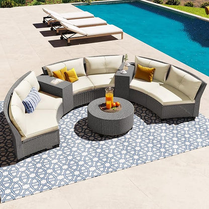 Merax Patio Furniture Sets for 6, Fan-Shaped All Weather Outdoor HDPE Rattan Sofa with Cushions and Table, Suitable for Garden, 9-Piece, Beige