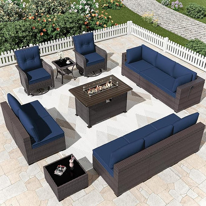 Patio Furniture Sectional Sofa Set 13PCS PE Rattan Swivel Rocking Chairs Patio Conversation Set w/43in Gas Fire Pit Table, Outdoor Furniture with 55000 BTU Propane Fire Pit, Navy Blue