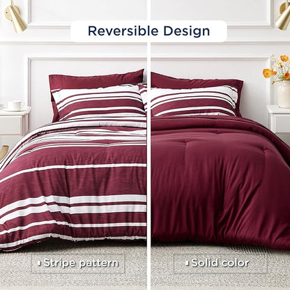 Bedsure Bed in a Bag Twin Size 5-Piece Burgundy White Striped Bedding Comforter Sets All Season Bed Set with 1 Pillow Sham, Flat Sheet, Fitted Sheet and 1 Pillowcase