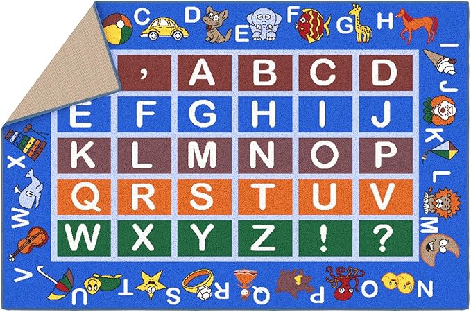 Machine Washable Educational Alphabet Design Non-Slip Rubberback 3x5 Kid's Area Rug for Playroom, Kid's Room, Bedroom, Kindergarten, 3'3" x 5', Blue