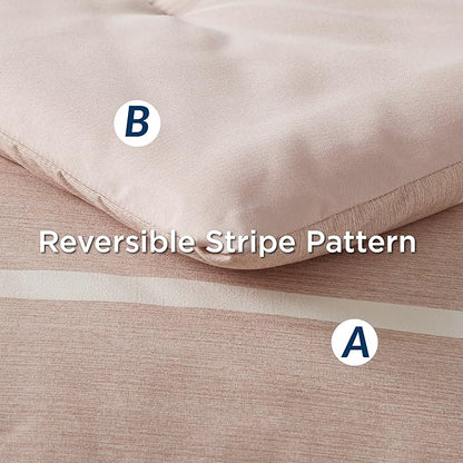 Bedsure Bed in a Bag Full Size 7 Pieces, Dusty Pink White Striped Bedding Comforter Sets All Season Bed Set, 2 Pillow Shams, Flat Sheet, Fitted Sheet and 2 Pillowcases