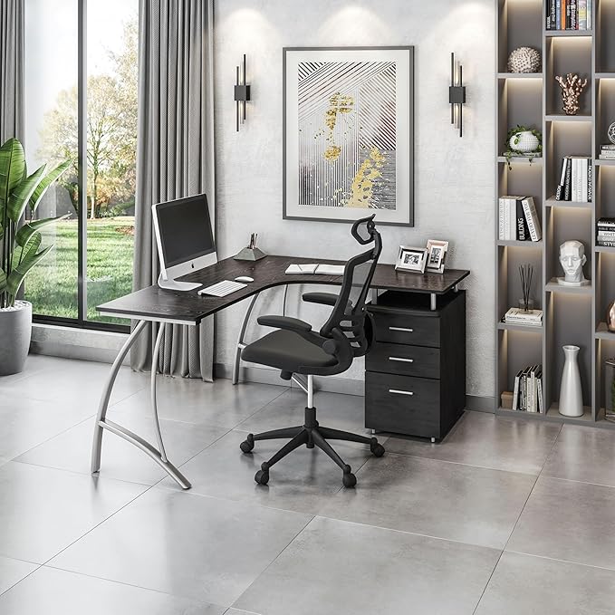 Techni Mobili Modern Computer File Cabinet and Storage L-Shaped Desk, Espresso