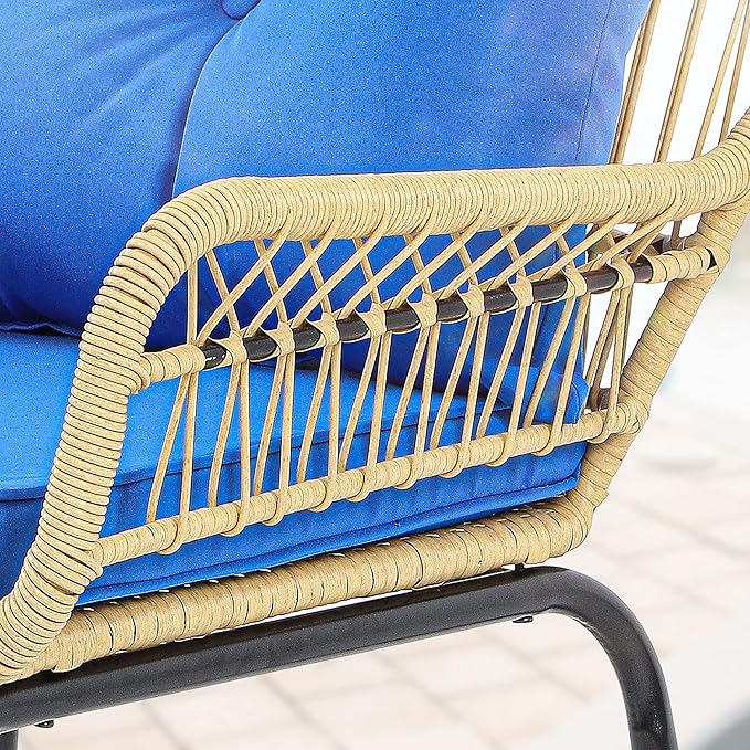 YITAHOME 3-Piece Outdoor Patio Furniture Wicker Bistro Set, All-Weather Rattan Conversation Chairs for Backyard, Balcony and Deck with Soft Cushions, Glass Side Table (Light Brown+Navy Blue)