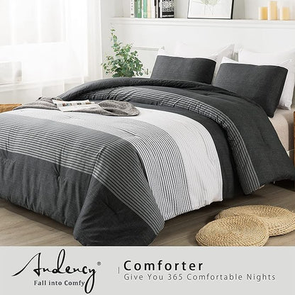 Andency Queen Comforter Set Black,3 Pieces Black White Gray Patchwork Striped Comforter (90x90 Inch), Soft Microfiber Down Alternative Queen Comforter Bedding Sets with Corner Loops