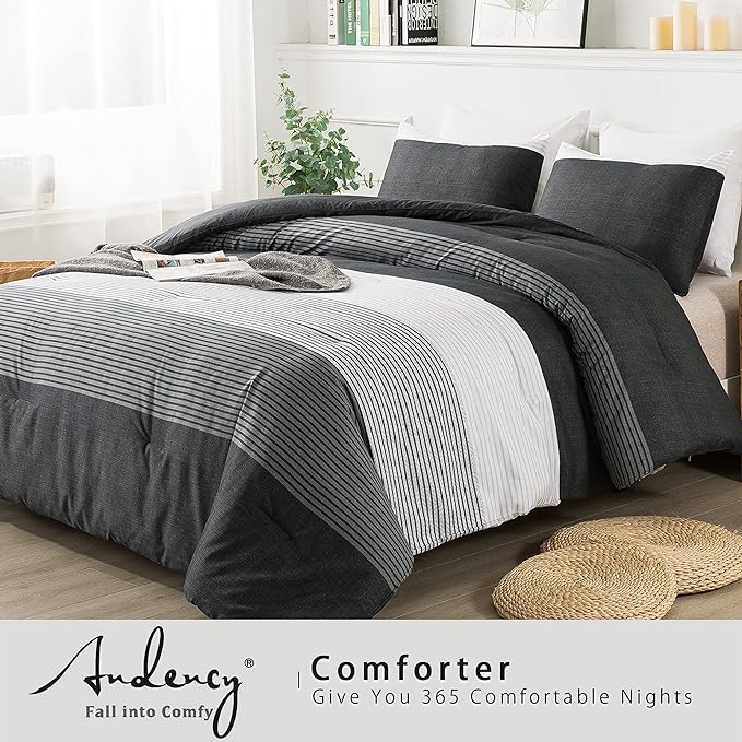 Andency Black Comforter King Size, 3 Pieces Black White Gray Patchwork Striped Comforter (104x90 Inch), Soft Microfiber Down Alternative King Comforter Bedding Sets with Corner Loops