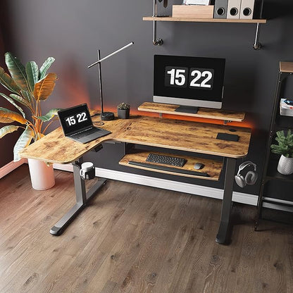 EUREKA ERGONOMIC Standing Desk with Keyboard Tray, Computer Desk, 61" L Shaped Electric Adjustable Height Desk w Monitor Stand LED, Corner Sit Stand Desk Gaming Desk, Dual Motor,Left/Rustic Brown
