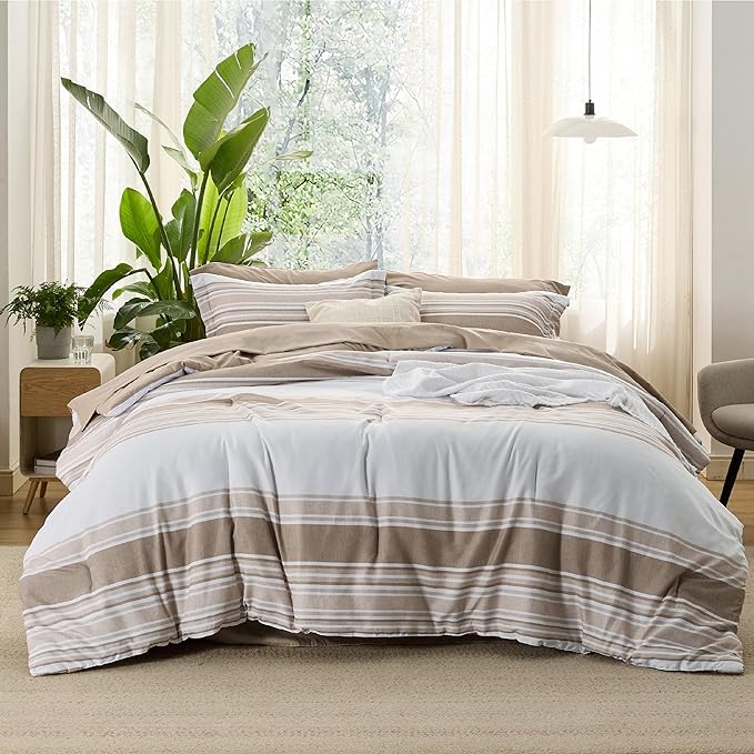 Bedsure Brown Twin Size Comforter Sets 5 Pieces - Striped Beddding sets, Bed in a Bag Twin with Comforter, Fitted Sheet, Flat Sheet, Pillowcase & Shams