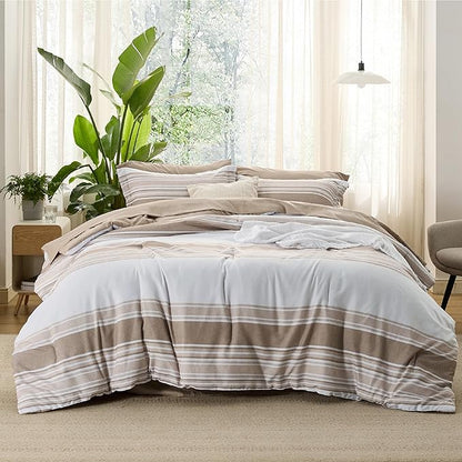 Bedsure Brown Twin Size Comforter Sets 5 Pieces - Striped Beddding sets, Bed in a Bag Twin with Comforter, Fitted Sheet, Flat Sheet, Pillowcase & Shams