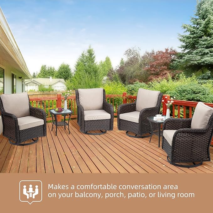 IDEALHOUSE 3 Pieces Outdoor Wicker Swivel Rocker Patio Set, 360-Degree Swivel Rocking Chair Elegant Wicker Patio Bistro Set with Tempered Glass Top Side Table (Apricot)