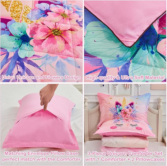 Pink Unicorn Queen Bedding Set for Girls 3 Piece Kids Comforter Set Cartoon Unicorn Flowers Quilt Set Bed in A Bag Lightweight Duvet Bed Set for Kids Teen Girls Women Bedroom Decor with 2 Pillowcases