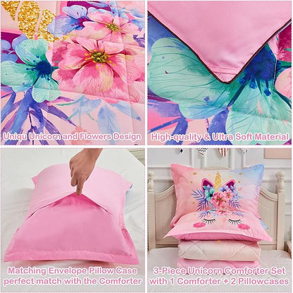 VIVILINEN Twin Size Bedding Set for Girls 3 Piece Pink Unicorn Kids Comforter Set Cartoon Unicorn Flowers Quilt Set Bed in A Bag Lightweight Duvet Bed Set for Kids Teen Girls Women with 2 Pillowcases