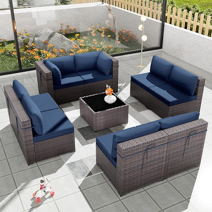 Patio Furniture Set 9-Pieces Outdoor Furniture for Backyard Wicker Sectional Sofa Set, Rattan Patio Conversation Set with Thickened Cushions and Glass Coffee Table, Navy Blue