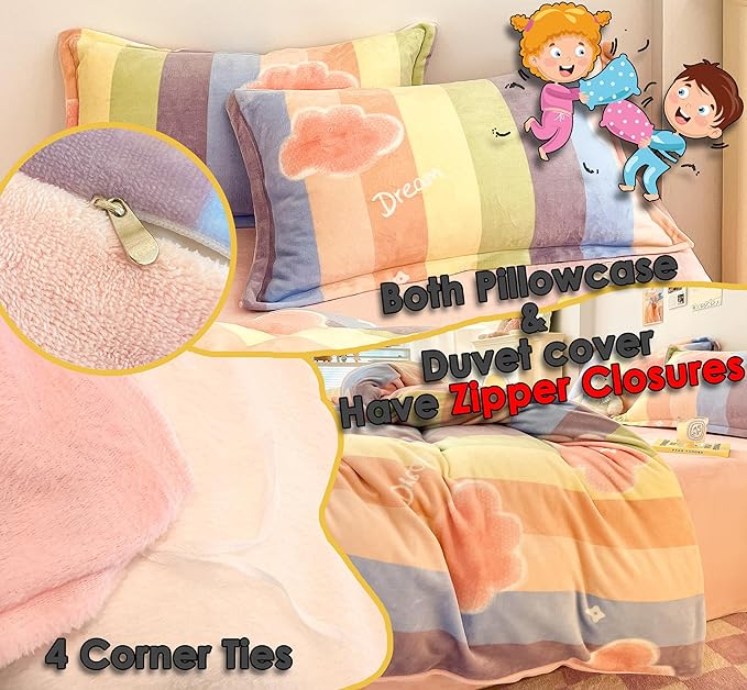 MorroMorn Twin Bedding Sets, Pink Rainbow Stripe Duvet Cover Set, Fluffy Comforter Covers Plush Blanket Ultra Soft Kawaii Cute for Girls Kids Toddler Teen Women Twin/Twin XL Size
