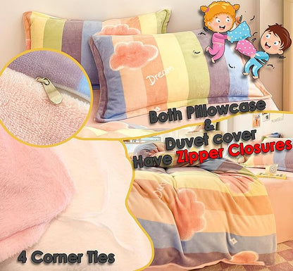 MorroMorn Twin Bedding Sets, Pink Rainbow Stripe Duvet Cover Set, Fluffy Comforter Covers Plush Blanket Ultra Soft Kawaii Cute for Girls Kids Toddler Teen Women Twin/Twin XL Size