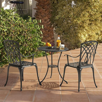 NUU GARDEN Patio Bistro Sets 3 Piece Cast Aluminum Bistro Table and Chairs Set with Umbrella Hole Bistro Set of 2 for Patio Backyard, Black