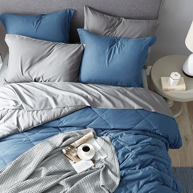 Bedsure Blue Comforter Set Queen - 7 Pieces Reversible Blue Bed in a Bag with Comforters, Sheets, Pillowcases & Shams, Queen Blue Bed Set