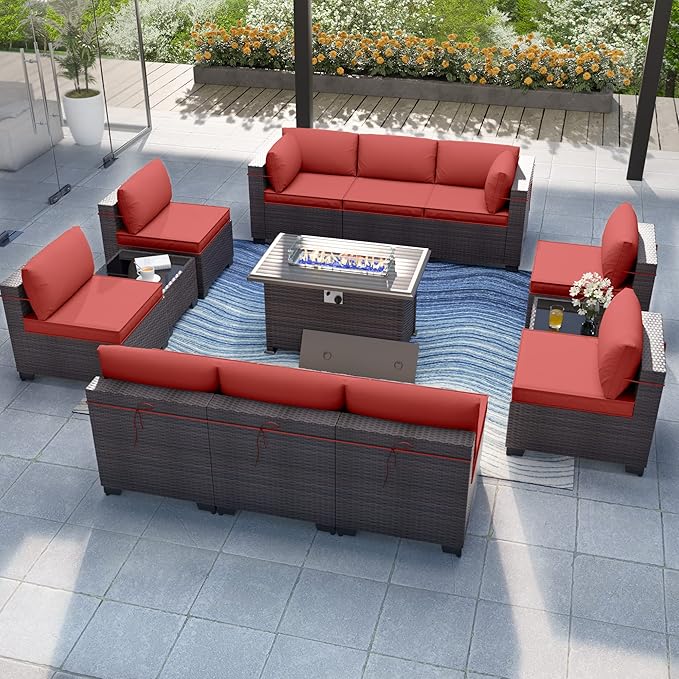 Patio Furniture Set with Fire Pit Table 13 PCS Outdoor Sectional Furniture Outdoor Rattan Patio Conversation Sets with 43in 55,000 BTU Propane Gas Fire Pit Table Glass Table, Red