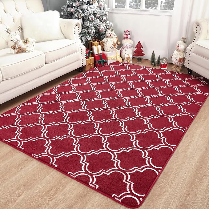 Chicrug Shag Geometric 4x6 Area Rug for Living Room, Large Modern Memory Foam Indoor Carpet, Fluffy Rug for Bedroom Bedside Room Decor for Family Girls Kids Nursery, Wine Red/White