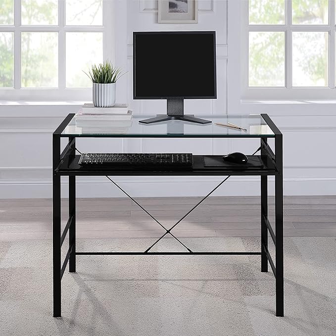 OSP Home Furnishings Zephyr Computer Desk with Keyboard Shelf and Tempered Glass Top, Clear Glass and Black Frame, 36" W x 20" D x 30.25" H