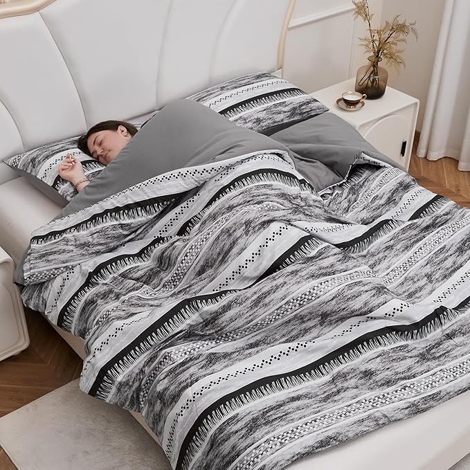 Striped Queen Size Comforter Set, Grey Black 3 PCS Microfiber Soft Lightweight Bedding Set