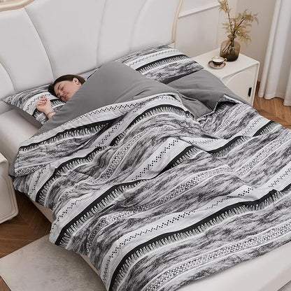 Striped Queen Size Comforter Set, Grey Black 3 PCS Microfiber Soft Lightweight Bedding Set