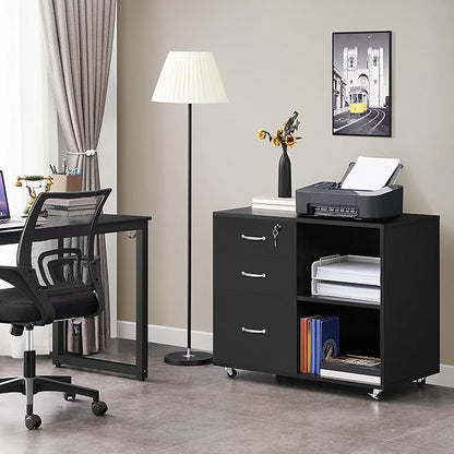 Yaheetech Black File Cabinet with Lock for Letter, A4 Size,3 Drawer Lateral Filing Cabinet Printer Stand with Open Storage Compartments,Mobile Filing Cabinet for Home Office, Black