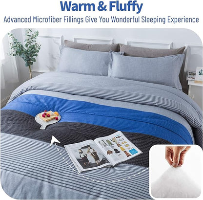 Andency Twin Comforter Set Blue (66x90 Inch), 2 Pieces Patchwork Striped Comforter Bed Sets for Boys, Soft Microfiber Down Alternative Comforter Bedding Set with Corner Loops