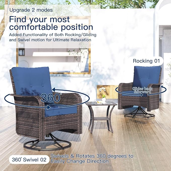 Kullavik 13PCS Outdoor Patio Furniture Set,PE Wicker Rattan Sectional Sofa Patio Conversation Sets with 43" 55000BTU Gas Propane Fire Pit Table,Swivel Rocking Chairs Set,Navy Blue