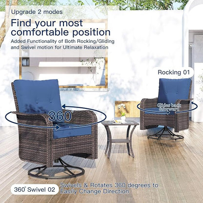 Kullavik 13PCS Outdoor Patio Furniture Set,PE Wicker Rattan Sectional Sofa Patio Conversation Sets with 43" 55000BTU Gas Propane Fire Pit Table,Swivel Rocking Chairs Set,Navy Blue