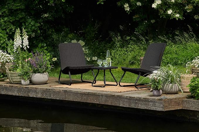 Keter Rio 3 Piece Resin Wicker Patio Furniture Set with Side Table and Outdoor Chairs, Dark Grey